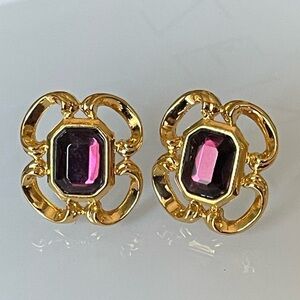 Amethyst Purple Glass Stone Pierced Earrings Gold Tone Filigree